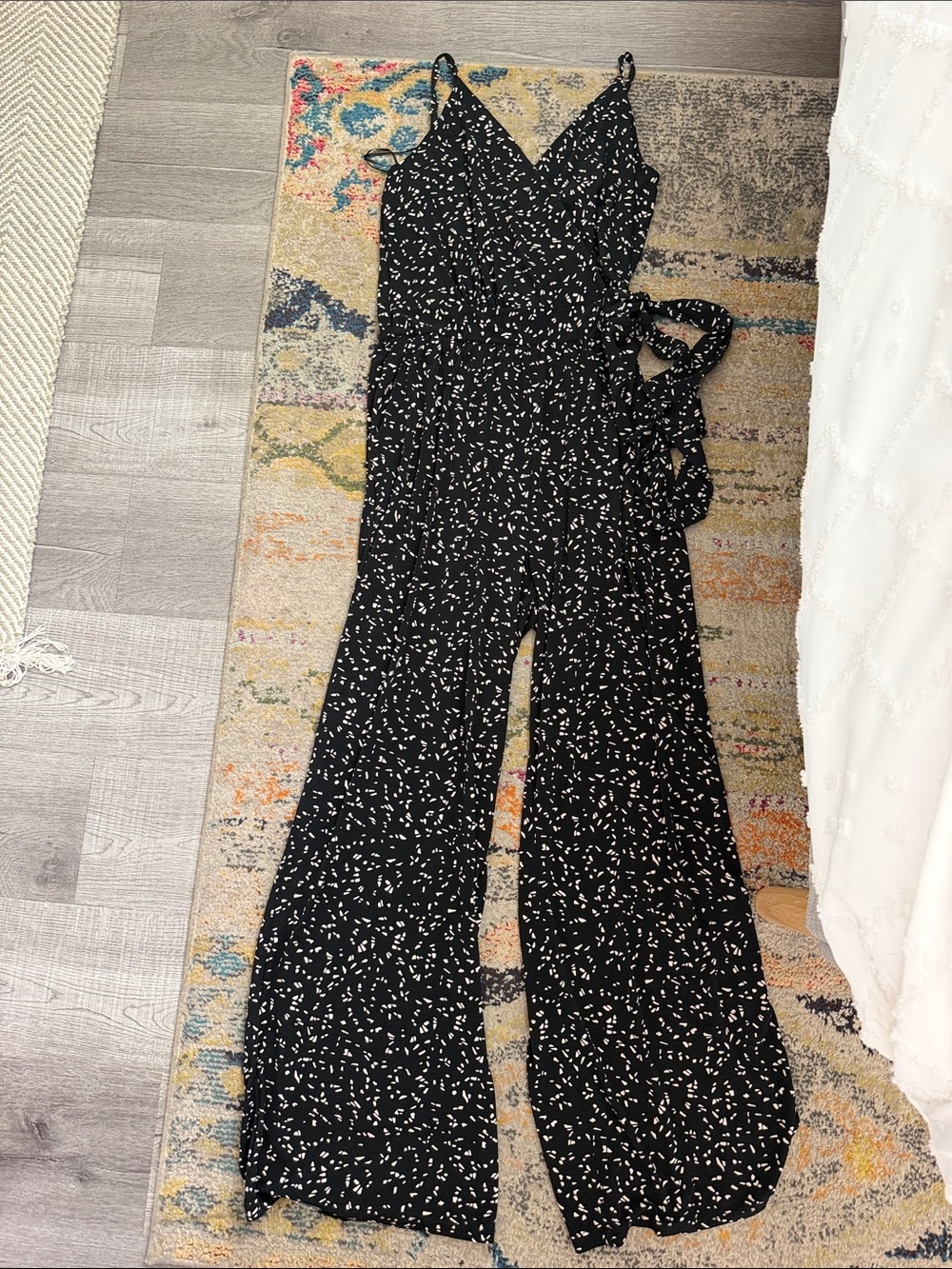 Black Printed Wide-Leg Jumpsuit with Tie Waist